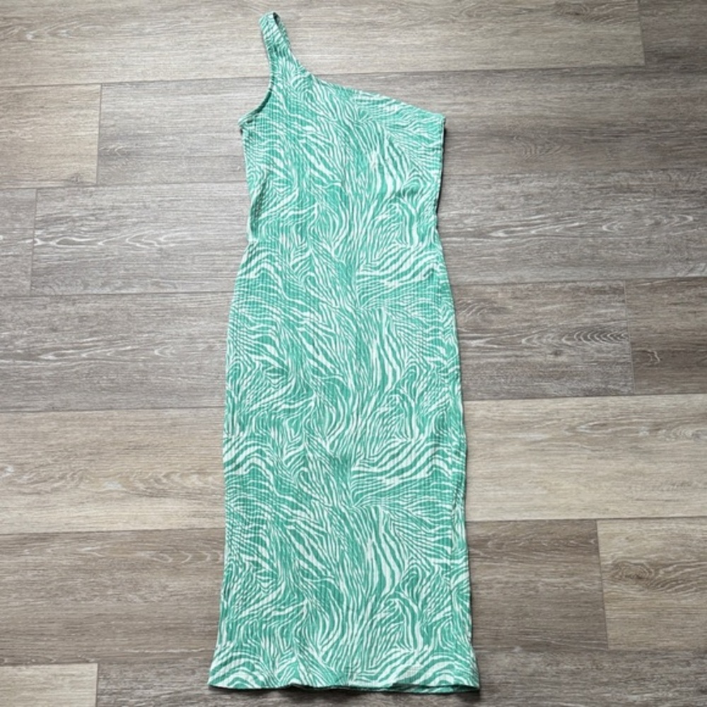 Nine West Mint & White One-Shoulder Zebra-Print Midi Dress NWOT